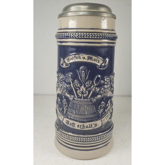 Vintage Original Gerzit Lidded German Stoneware Beer Stein Cobalt Blue Pewter - Picture 1 of 14